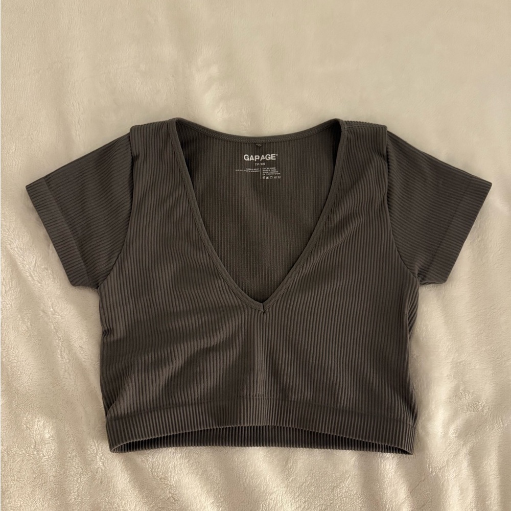 Garage Charcoal Ribbed V-Neck Crop Top